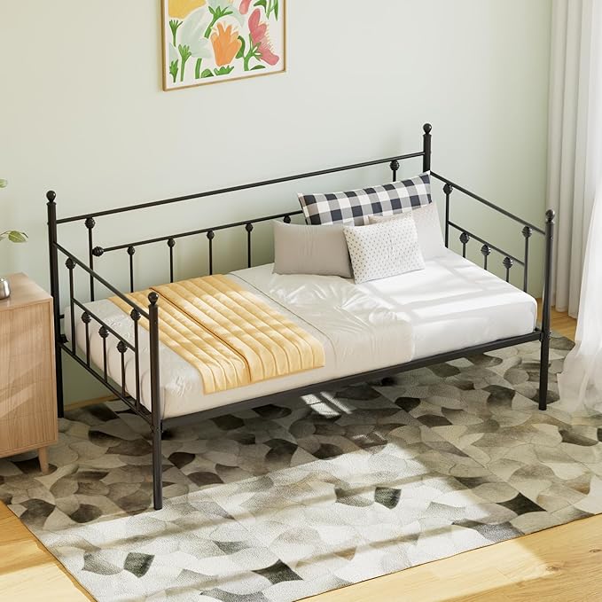VECELO Daybed Frame, Twin Size Metal Platform Bed with Headboard,Heavy Duty Steel Slats Support for Living Room Bedroom Guest Room, Easy Assembly