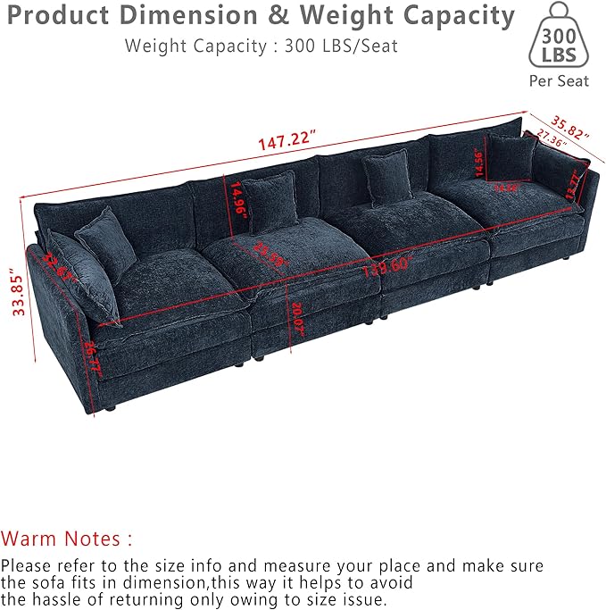 Setawix Chenille Cloud Couches for Living Room,4 Seater Cloud Sofa Couch with Deep Seat,147.22" Roomy Cloud Sofas,Modular Sectional 4 Seat Sofa with Pillows for Bedroom (Blue, 4 Seater)