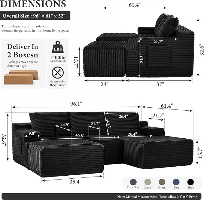 96" Sectional Couches for Living Room Cloud Couch Sofa with L-Shape Upholstered Boneless Couchs Modern Modular Sectional Couch with Chaise (Black, 96" W+Right Facing Chaise+2Seaters+Ottoman)