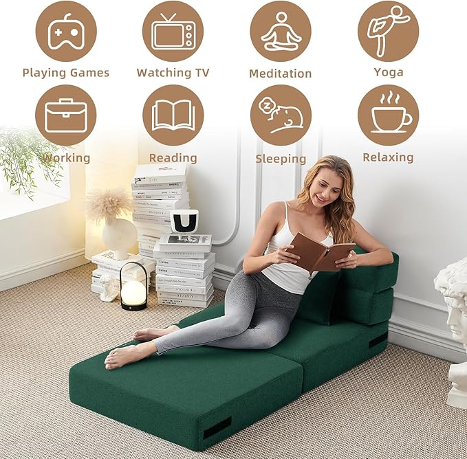 FILUXE Folding Sofa Bed | Convertible Sleeper Chair Bed for Adults, Fold Out Chair to Bed Linen Futon Chair with Pillow, for Home Dorm Apartment RV Living Room, Single Size Dark Green