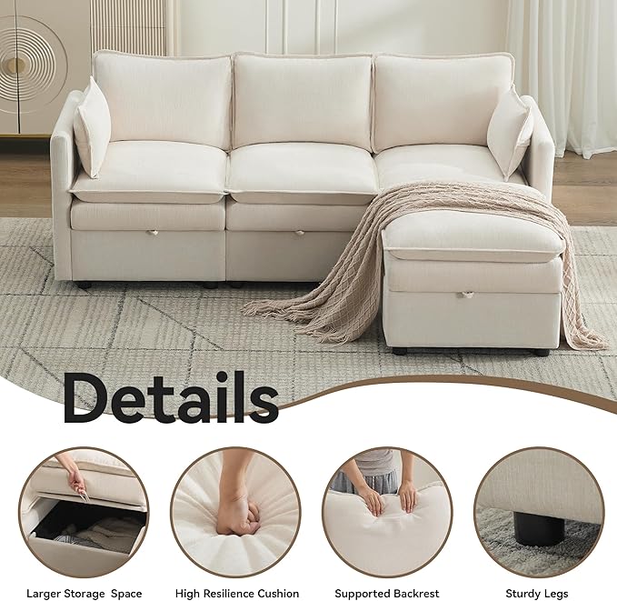 80" Cloud 3 Seater Sectional Modular Couch with Storage Ottoman, Upholstered Storage Sofa Deep Seat, Chenille L Shape Sofa Comfy Couches with Armrests for Living Room, Small Space, Beige