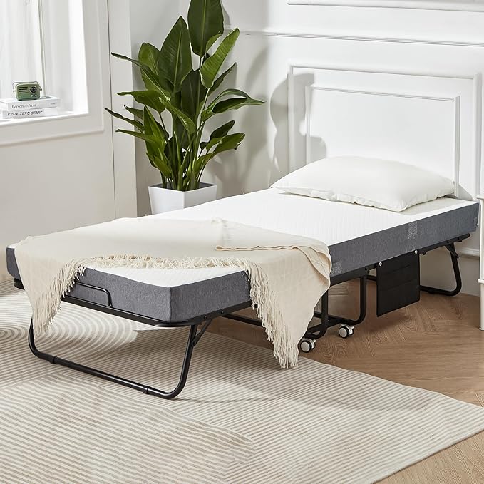 MELLCOM 75"x 38" Folding Bed with Mattress, Twin Size Portable Rollaway Guest Bed for Adults with 5 Inch Foam Mattress,Space-Saving Foldable Beds with Metal Frame&Bed Side Pocket