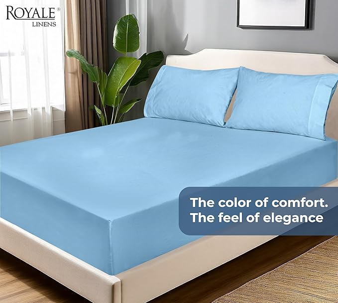 Royale Linens 100% Organic Cotton Fitted Sheet - Percale Weave - Super Soft Deep Pocket Bottom Sheets - Lake Blue Elastic Sheet King Size - King Fitted Sheets Only - (78"x80"+15", Lake Blue)