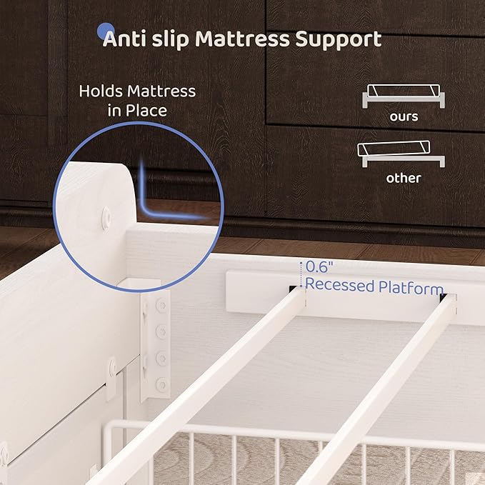 BRELTAM King Size Bed Frame with 2 Storage Drawers, Wood Platform Bed Frame with 2-Tier Storage Headboard Built in Charging Station & LED Light,Noise-Free/Metal Support/No Box Spring Needed,White