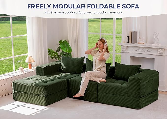 MAXYOYO Modular Sectional Sofa Couch, Foldable L-Shaped Folding Sofa Bed with Ottoman, Convertible Sectional Couch Corded Tufted Floor Sofa Lounger with Pillows for Living Room No Assembly, Dark Green