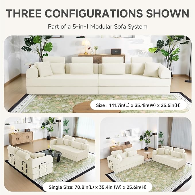 106” L Shaped Boneless Sectional Couch, Two 70.87” Pieces Convert to 141.7” Extra Long Straight Sofa, Corduroy Couch in a Box with Headrest and Back Pillows for Apartment Living Room, White