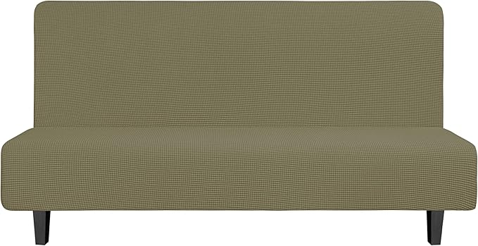 Easy-Going Stretch Futon Slipcover Armless Futon Bed Cover Furniture Protector Without Armrests with Elastic Bottom for Kids, Soft Jacquard Fabric Small Checks (Large, Khaki)