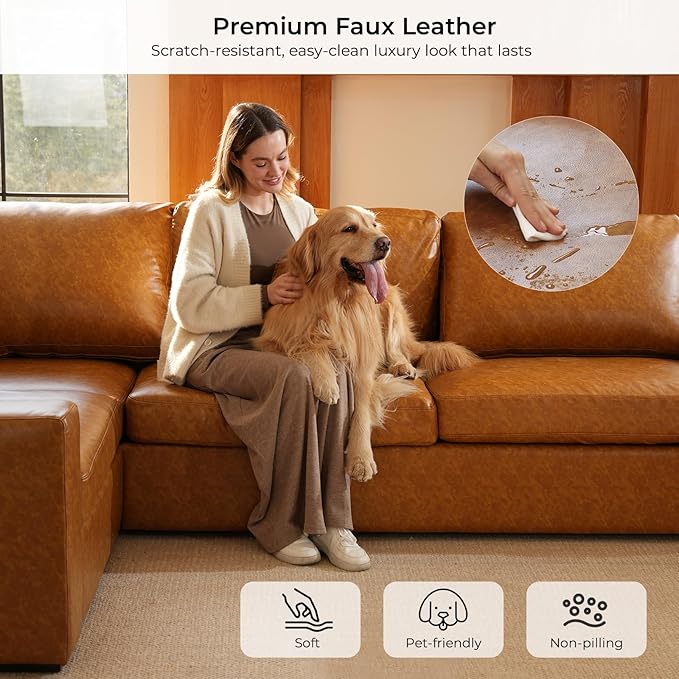ELUCHANG 113" V-Shaped Modular Sectional Sofa Couch, Modern 7-Seat Premium Faux Leather Deep Seat Sofa with Corner, Removable Cover, Easy Assembly, Large Sofas & Couches for Living Room, Office, Brown | Spring Cushions, Easy to Clean