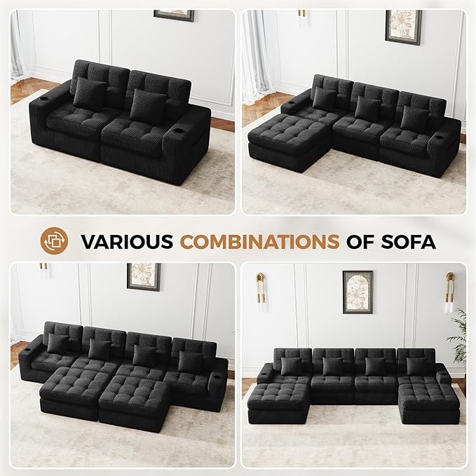 144" U Shaped Cloud Boneless Couch,Modern Modular Sectional Sofa with Layered Cushion,No Assembly Convertible Corduroy Couches for Living Room,Black 1 PCS