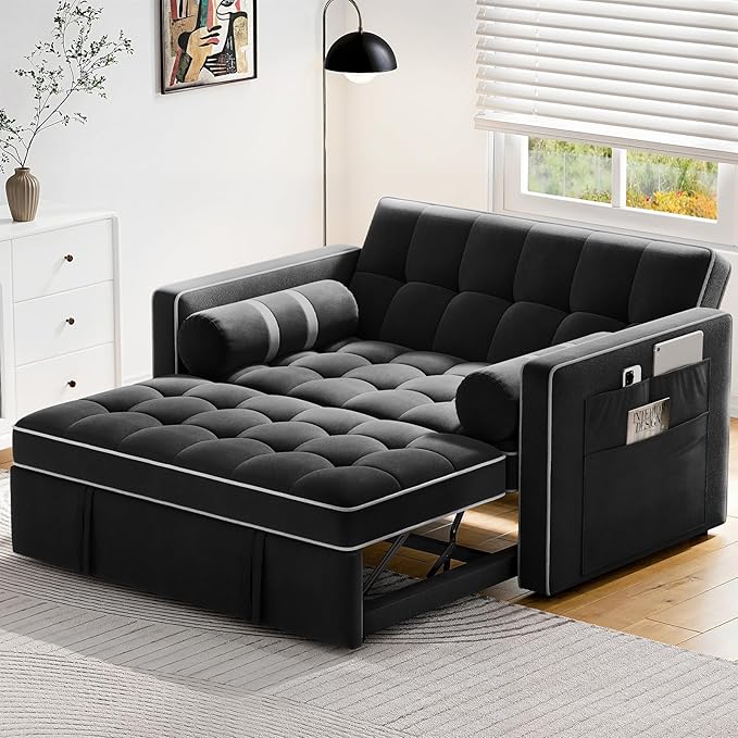 Pipishell 3 in 1 Convertible Sleeper Sofa Bed,Pull Out Couch for Living Room with USB Ports & Side Pockets,Adjustable Backrest,Velvet,Loveseat Sofa Bed,Futon Couches,Black