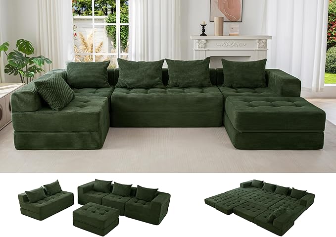 MAXYOYO Modular Sectional Sofa Couch, Foldable U Shaped Cloud Couch with Pillows, Tufted 6-Seat Boneless Sleeper Lounger Floor Sofa Bed for Living Room, No Assembly Required, Dark Green