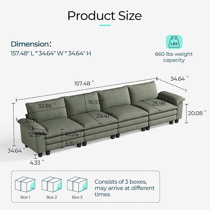 LINSY HOME Modular Sectional Sofa - 157 Inch Oversized Corduroy Cloud Couch with Movable Ottoman Soft Modern Comfy Sofa Set for Living Room Apartment Office, Green