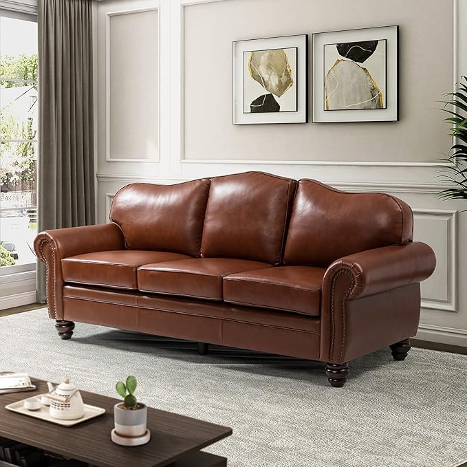 HULALA Home 81'' Genuine Leather Sofa with Nailhead Trim and Rolled Armrests, Mid-Century Modern Living Room 3-Seater Couch, Brown Couch with Removable Cushion for Bedroom Apartment