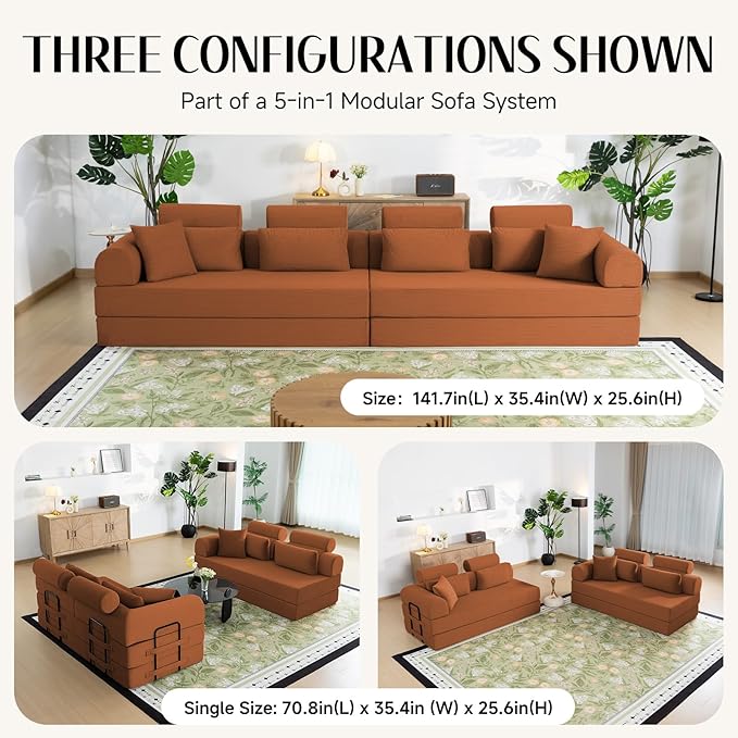 106" L-Shaped Modular Boneless Couch, 2-Piece System (2×70.87"), Convertible Sectional to 141.7" Straight Sofa, Corduroy Couch in a Box, Headrest & Back Pillows for Living Room, Orange
