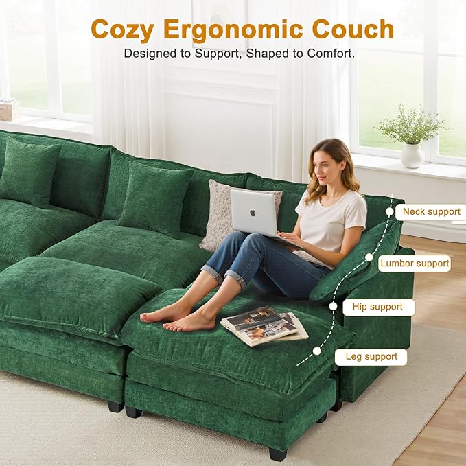 U-Shaped Cloud Chenille Sofa Sectional Couch with 2 Ottomans, 146" Modular Sofa for Large Spaces, Ultimate Comfort with Deep Seats & Pillows, Solid Frame, 1YR Warranty