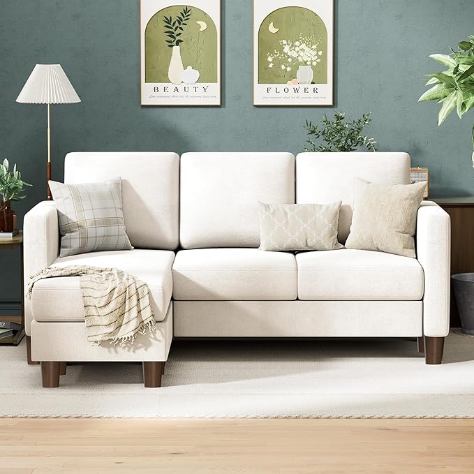 VICTONE Convertible Sectional Sofa Couch, 3 Seat L-Shaped Sofa with Linen Fabric Ottoman Small Couch for Small Apartments, Living Room and Office (Linen Fabric, White)