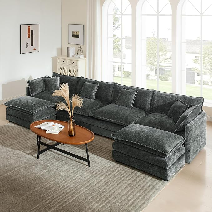 mikibama Modular Sectional Sofa, 146.5 Inch U Shaped Couch Set for Living Room, 4-Seater Comfy Cloud Couches with Two Movable Ottoman, DIY Combination, Chenille, Grey