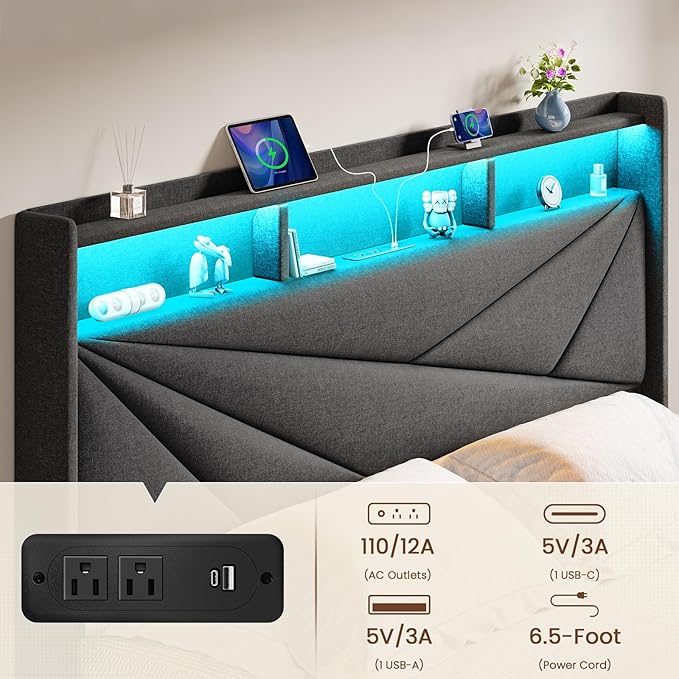 Driftalia Full Size Bed Frame with 2-Tier Storage Headboard, Upholstered Full Bed Frame with 2 Drawers, Charging Station and LED Lights, No Box Spring Needed, Easy Assembly - Dark Grey
