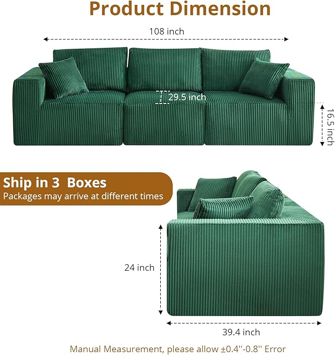 Sectional Cloud Boneless Couch 108" Modern Comfy Linear Straight No Assembly Required Convertible Compression Sleeper Modular Sofa with Corduroy Fabric 3 Deep Seat Single for Living Room