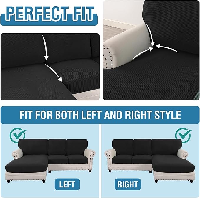 H.VERSAILTEX 2025 New Sectional Couch Covers 6 Pieces Stretch Sofa Covers for Sectional Sofa Set Separate L Shaped Couch Cover for Both Left/Right Couch (Seat and Back: 1 Chaise + 2 Sofa, Black)