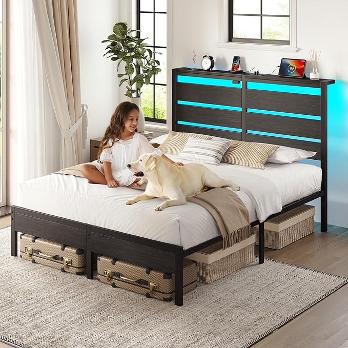 Rolanstar Queen Bed Frame with LED Lights and Charging Station, Wood Storage Headboard and Under Bed Storage, Metal Platform, Noise Free, No Box Spring Needed, Balck Oak