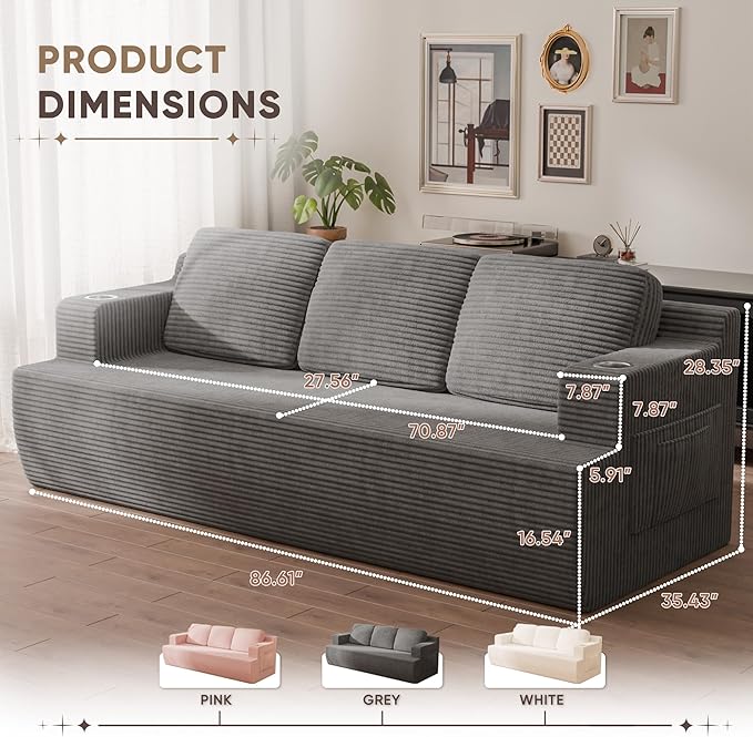Homall 87” Boneless Sofa Couch with 2 Pillows Extra Deep Seats, Corduroy Fabric 3 Seater Sofa for Living Room with Cup Holder & Storage Pocket Upholstered Floor Sofa Easy Installation (Grey, 3 Seater)