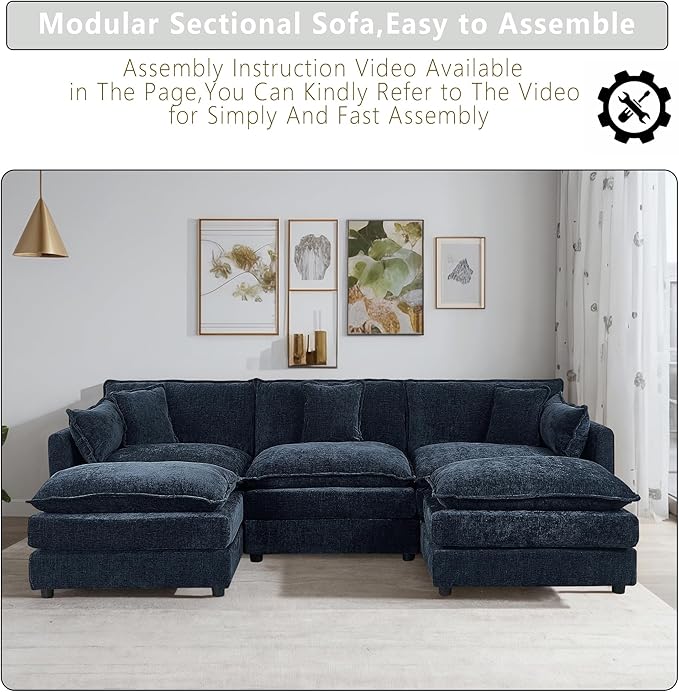 Setawix Deep 3 Seater Couch with Ottomans,112.2" U-Shaped Cloud Couches for Living Room,Chenille Cloud Sofa Couch with Deep Seat,Modular Sectional U Shape 3 Seat Sofa for Bedroom (Blue, 3+2)