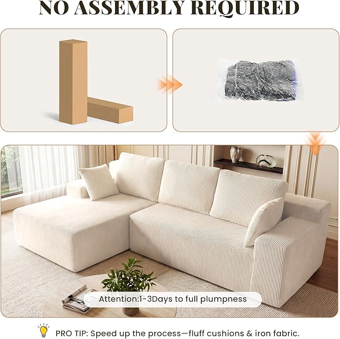 Cloud Sectional Boneless Couches for Living Room, Modular L Shaped Couch with Deep Seat Oversized Left Facing Chaise, Memory Foam Compressed Spineless 3 Seater Sofa for Apartment, Beige | No Assembly Required, Deep Seat, Cat-Claw Resistant, Flexible Mo...