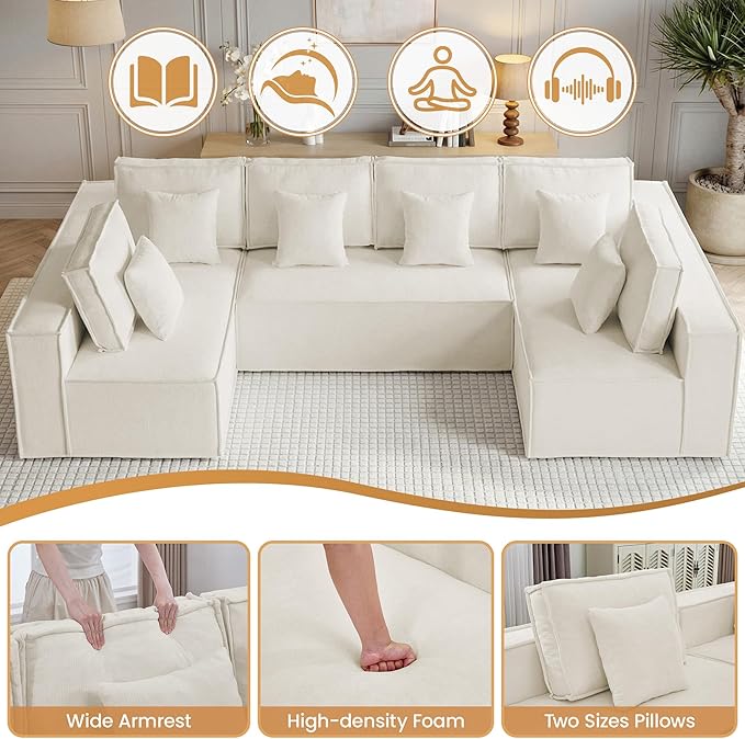 138'' Boneless Chenille Cloud Sectional Sofa, Oversized 6-Seater U-Shaped Modular Couch with Chaise, Extra Deep Seat Sleeper Sofa, No Assembly Compressed Sofa, Beige