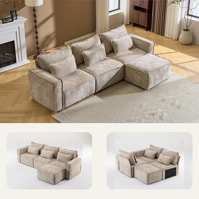 Karl home 110" Cloud Sectional Couches with Moveable Ottoman 3 Seat Boneless Modular Sofa Set L-Shape Convertible Couche with Chenille Upholstery for Living Room, Apartment, Studio, Khaki