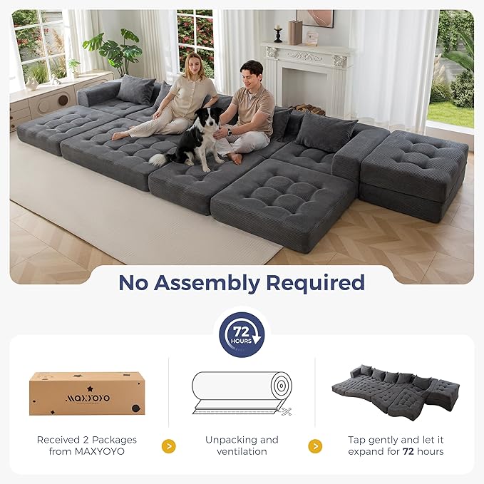 MAXYOYO Modular Sectional Sofa Couch, Foldable U Shaped Cloud Couch with Pillows, Tufted 6-Seat Boneless Sleeper Lounger Floor Sofa Bed for Living Room, No Assembly Required, Dark Grey