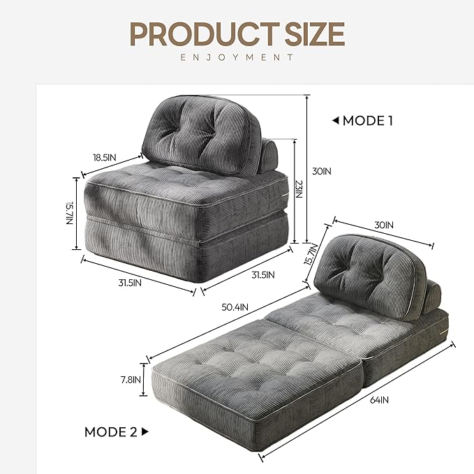 Dowinx Folding Sofa Bed with Pillow, Small Convertible Comfy Couch Bed for Adults Home Lounge and Gaming, Modern Comfortable Design for Apartment Living Room Bedroom, Ribbed Velvet, Gray