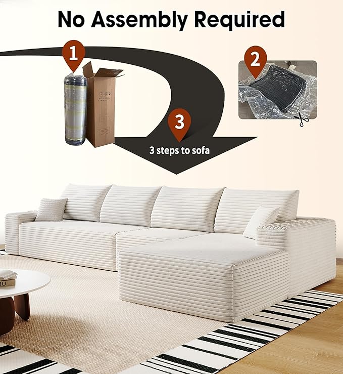 136" Sectional Couches for Living Room Cloud Couch Sofa with L-Shape Upholstered Boneless Couchs Modern Modular Sectional Couch with Chaise (White, 136" Right Facing Chaise+3Seaters)