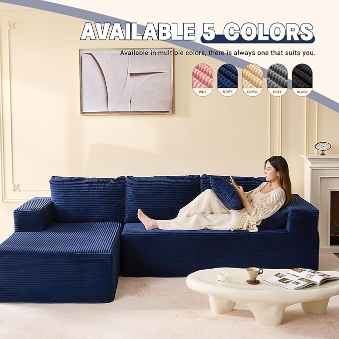 107" Boneless Couch with Deep Seat, Set of Modular Sectional Sofa, Cloud Sectional Couch for Living Room, No Assembly Required, Corduroy, L-Shape Left, Blue