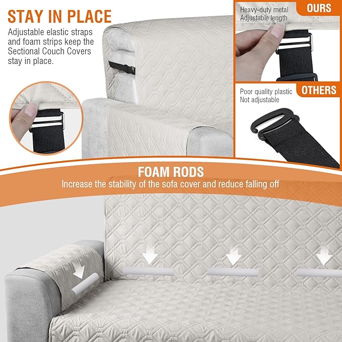 VANSOFY Sectional Couch Covers 100% Waterproof L Shaped Sofa Slipcover 3pcs Reversible Chaise Lounge Cover for Sectional Sofa Furniture Protector Cover for Pets Dog Cat(Large, Beige)