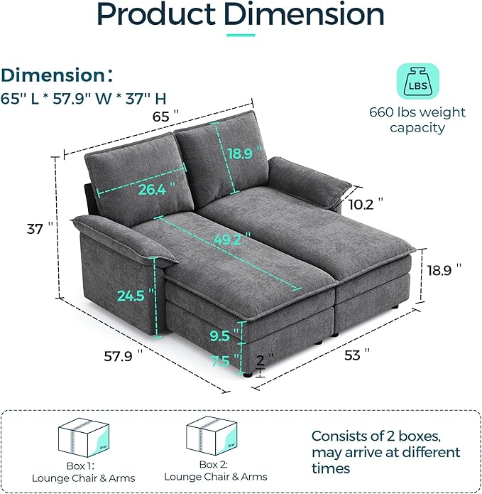 LINSY HOME Modular Sofa Chaise Lounge, 65" Cloud Sofa Bed Lounge with Armrests, Chenille Sleeper Sofa for Living Room, Apartment, Home Theater, Grey