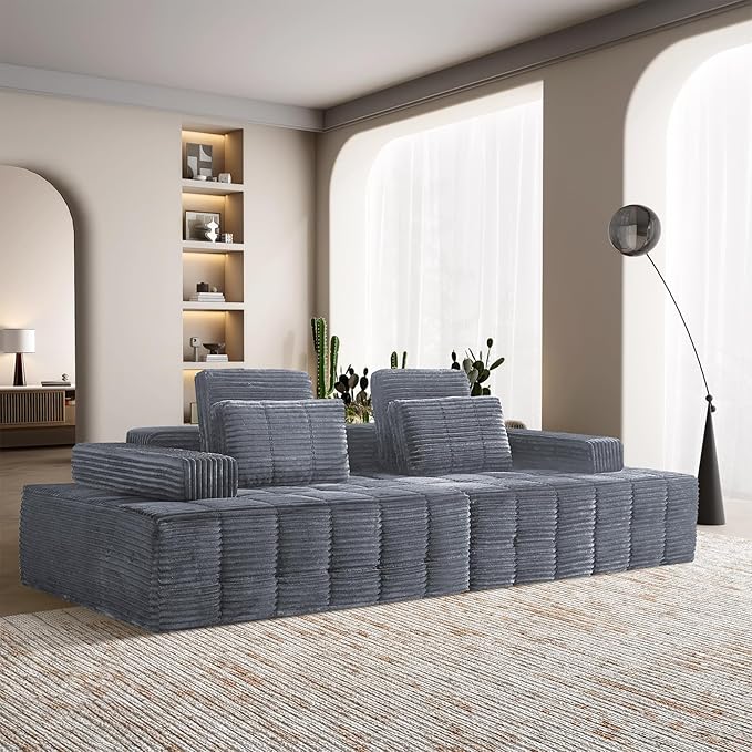 Modular Sectional Sofa with Movable Handrails, Straight-Row Boneless Sofa Sectional Couch for Living Room, Deep Seat Memory Foam Faux Rabbit Fur Fabric Sofa, No Assembly Required(Grey)
