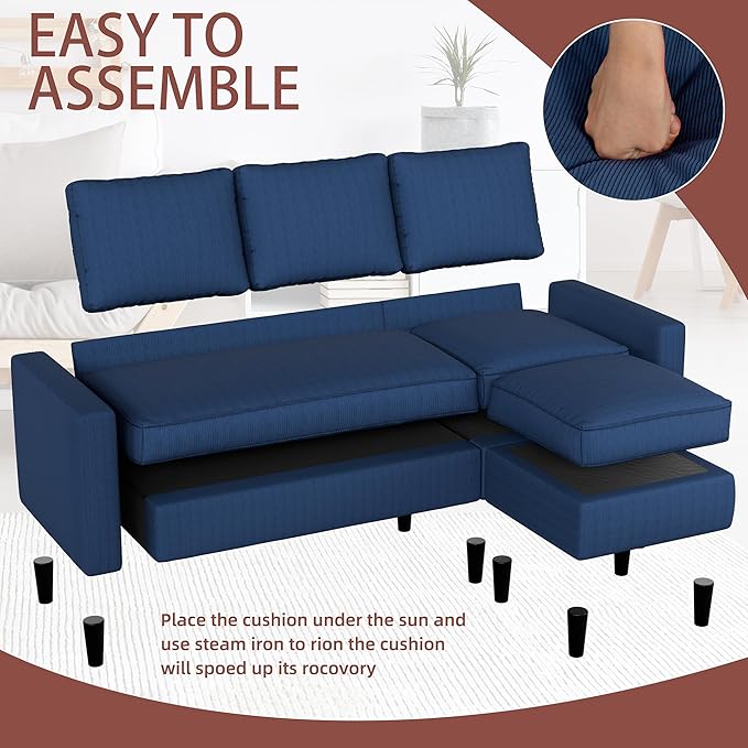 Nuturelly Convertible Sectional Sofa Couch with Movable Ottoman, 3-Seater Modern L-Shaped Sofa for Small Spaces, Soft Fabric Couch for Living Room, Small Apartment & Office(Blue)