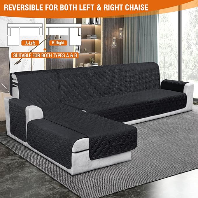 VANSOFY Sectional Couch Covers 100% Waterproof L Shaped Sofa Slipcover 3pcs Reversible Chaise Lounge Cover for Sectional Sofa Furniture Protector Cover for Pets Cat Dog(X-Large, Blcak)