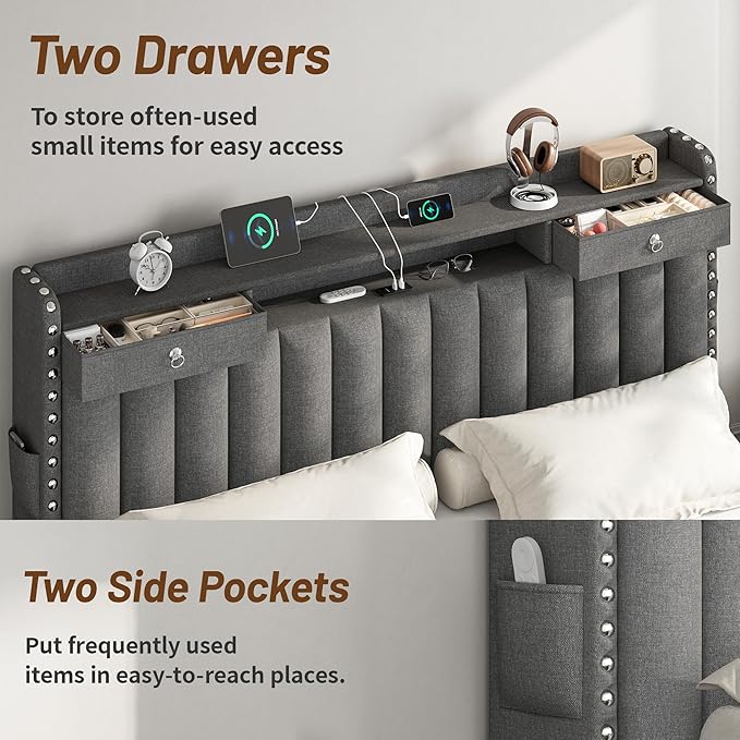 CypBed King Size Bed Frame with 4 Storage Drawers, Upholstered Platform King Bed Frame and Headboard, 3 USB & Type-C Charging Ports, Solid Wood Slats, No Box Spring Needed, No-Noise, Dark Grey,Gifts