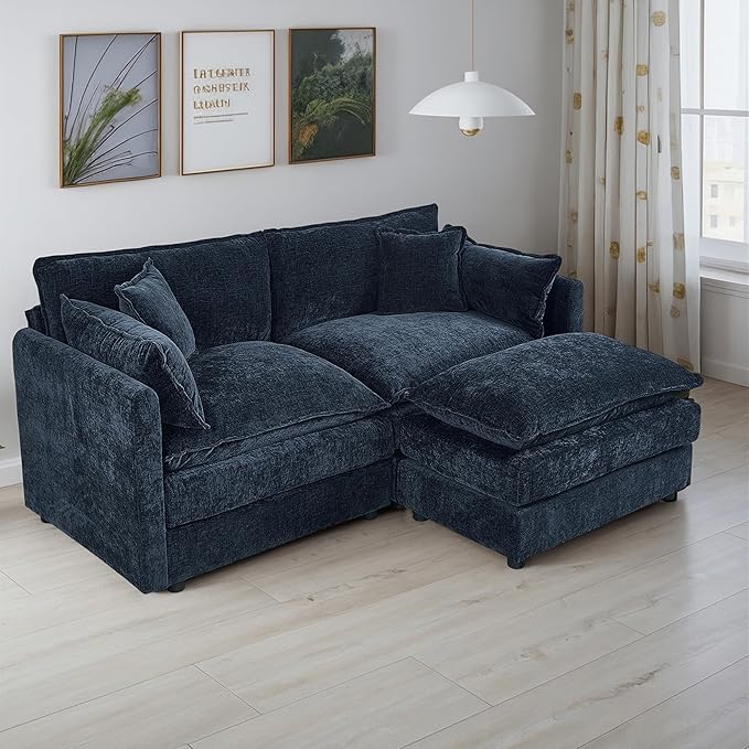 Setawix Deep Loveseat Couch with Ottoman,Large L-Shaped 2 Seater Cloud Couches for Living Room,77.16" Chenille Cloud Sofas with Deep Seat,Modular Sectional 2 Seat Sofa for Bedroom (Blue, 2+1)