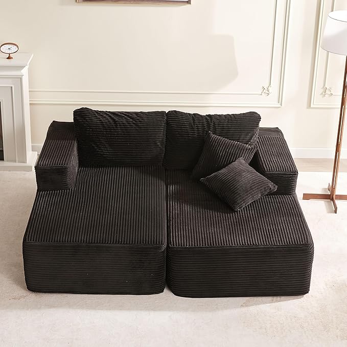 Chaise Lounge Chair, Boneless Couch for Living Room and Bedroom, Set of Sleeper Couches Reading Chairs, Corduroy, Black