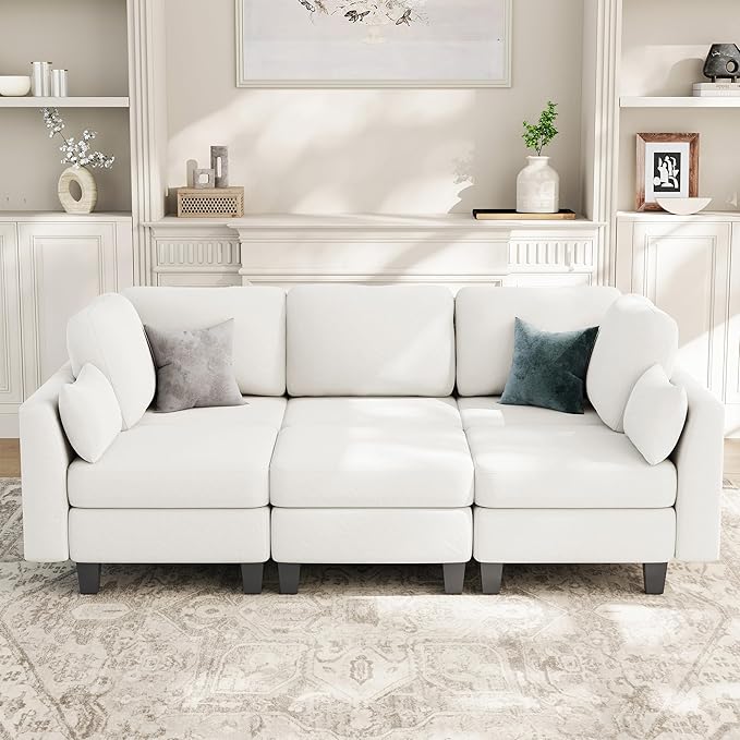 Sectional Sleeper Sofa, 6 Seaters Modular Sleeper Sofa Couch, Comfy Sectionals Couches Bed, Convertible Sofas with Ottomans, Modular Sectional Couches for Living Room, White