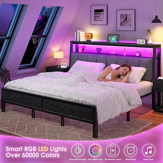 Homkdom King Size Bed Frame with Smart LED Lights, Upholstered Headboard with Charging Station Type C, Metal Platform with 12" Under-Bed &2-Tier Storage Shelves, No Sliding, Noiseless, Black