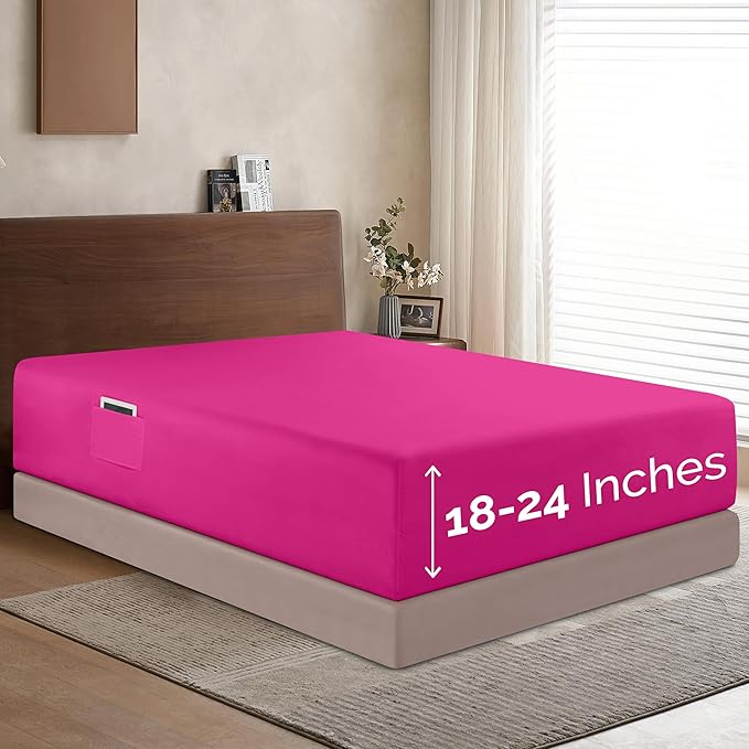 Elegant Comfort 1500 Premium Hotel Quality 18-24 Inches Deep - Extra Deep Pocket Single Fitted Sheet for High Mattress, Luxury and Softest, Smart Pocket - Wrinkle Free, Queen, Pink
