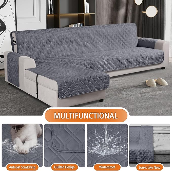 VANSOFY Upgraded Sectional Couch Covers 100% Waterproof L Shaped Sofa Slipcover Reversible Chaise Lounge Cover for Sectional Sofa Furniture Protector Cover for Pets Dog Cat(X-Large, Dark Gray)