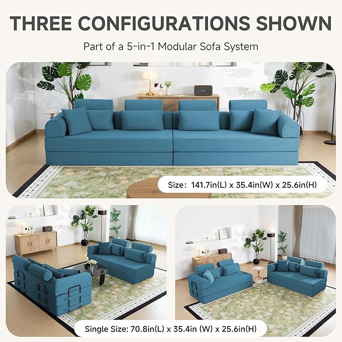 Boneless Sectional for Small Spaces, 106” L Shaped Couch From Two 70.87” Modules, Reconfigures to 141.7” Straight Sofa, Corduroy Compressed Couch in a Box With Headrest Back Pillows, Light Blue