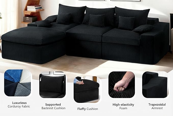 HABUTWAY 104" L Shaped Cloud Sectional Couch, Boneless Modular Sectional Sofa with Deep Seat, Corduroy Couches for Living Room, Modular Couch, No Assembly Required (Black)