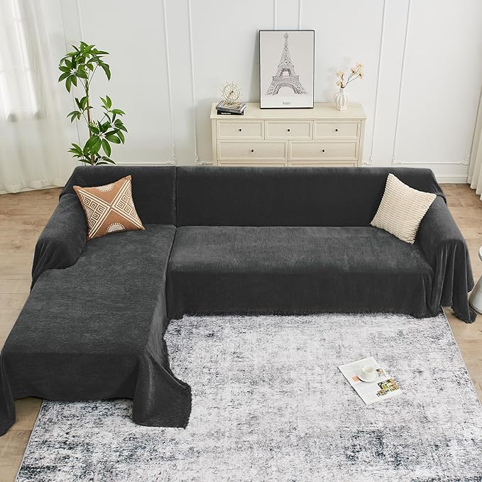 Sectional Couch Covers, 2 Pieces Chenille Sofa Cover L Shaped Couch Cover Blanket for Dogs Washable Sofa Slipcovers Pet Furniture Protector (X-Large: 71" x 110" + 71" x 118", Graphite Gray)