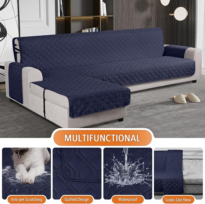 VANSOFY Upgraded Sectional Couch Covers 100% Waterproof L Shaped Sofa Slipcover Reversible Chaise Lounge Cover for Sectional Sofa Furniture Protector Cover for Pets Dog Cat(X-Large, Dark Blue)